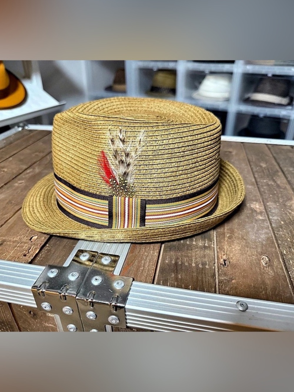 Henschel Hat Co Woven Fedora Striped Band Feather Large 58cm